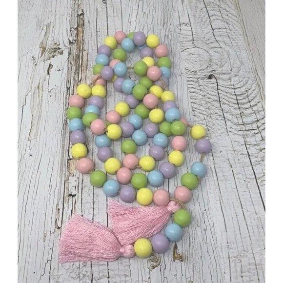 Easter Spring Pastel Wood Wooden Bead String Garland Pink Purple Tassels 72” - Picture 1 of 5